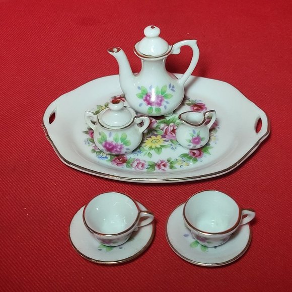 VTG Miniature Tea Set Pink Roses Gold Trim 10 Pc - Picture 4 of 11